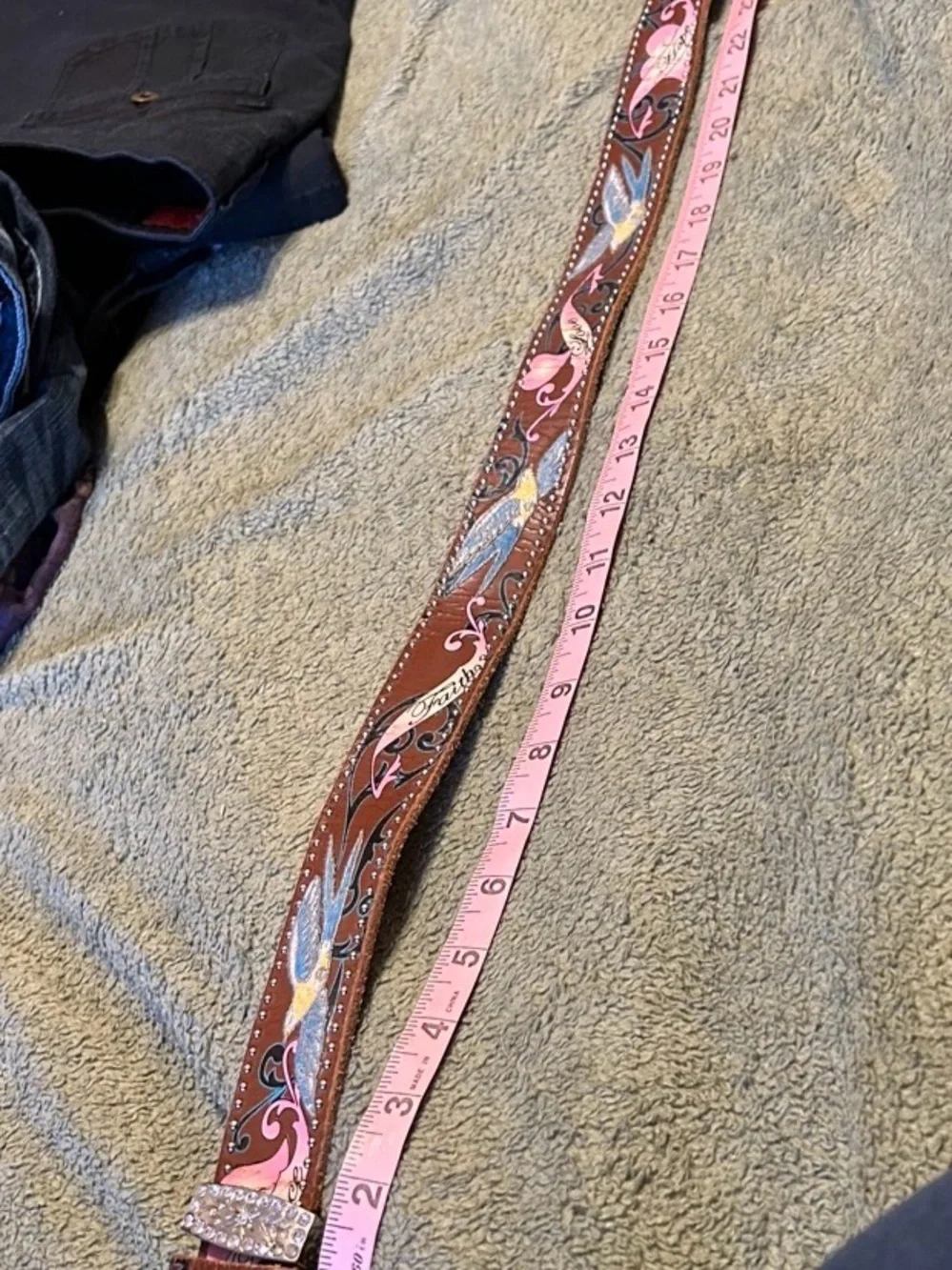 Girls' Brown Leather Belt with Pink Floral Accent and Heart Wing Buckle